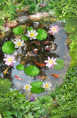Koi, Lily Pads, and Lotus Self Adhesive Floor Mural, Custom Sizes Available