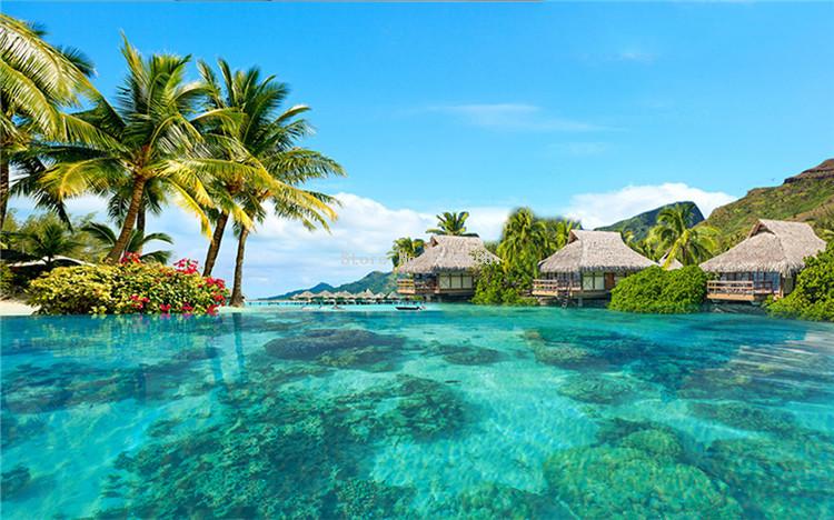 Maldives Sea View With Huts Wallpaper Mural, Custom Sizes Available Household-Wallpaper Maughon's 