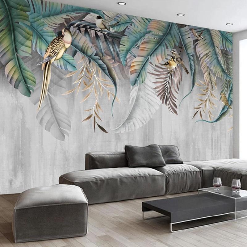 Marbled Tropical Plant Leaves with Birds Wallpaper Mural, Custom Sizes Available Maughon's 