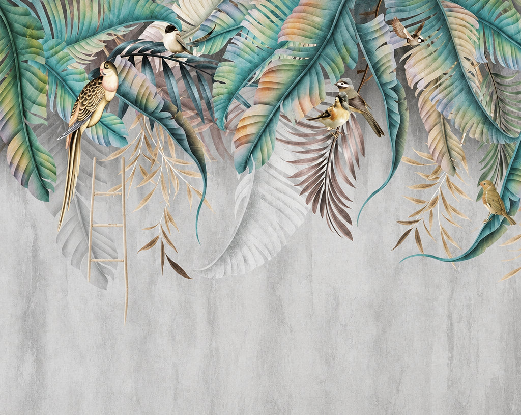 Marbled Tropical Plant Leaves with Birds Wallpaper Mural, Custom Sizes Available Maughon's 