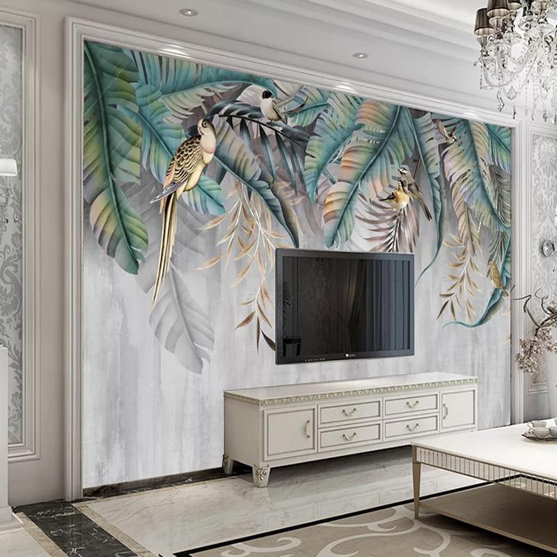 Marbled Tropical Plant Leaves with Birds Wallpaper Mural, Custom Sizes Available Maughon's 