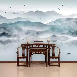 Mural con paisaje montañoso brumoso, tamaños personalizados disponibles