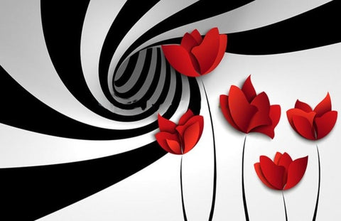 Abstract Spiral Black and White Vortex With Red Flowers Wallpaper Mural, Custom Sizes Available