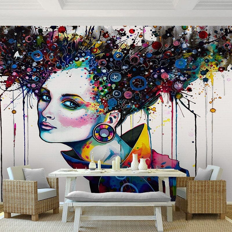 Modern Abstract Woman And Colorful Hair Wallpaper Mural, Custom Sizes Available Wall Murals Maughon's 