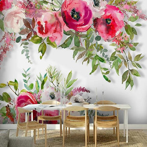Watercolor Pink Flowers Wallpaper Mural, Custom Sizes Available