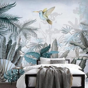 Mural moderno de plantas tropicales y colibríes, tamaño personalizado disponible