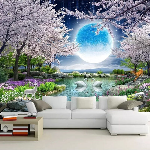 Image of Moon and Cherry Blossoms Tree Fantasy Wallpaper Mural, Custom Sizes Available Wall Murals Maughon's 