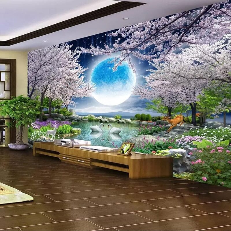 Moon and Cherry Blossoms Tree Fantasy Wallpaper Mural, Custom Sizes Available Wall Murals Maughon's 