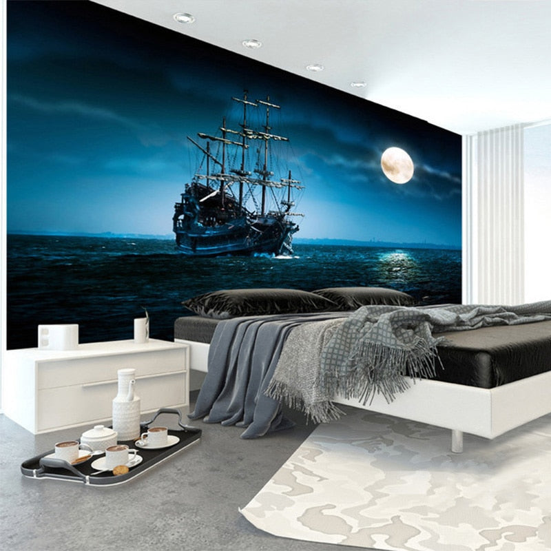 Moon Shining on Sailing Ship Wallpaper Mural, Custom Sizes Available Wall Murals Maughon's 