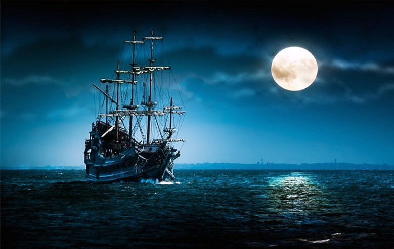 Moon Shining on Sailing Ship Wallpaper Mural, Custom Sizes Available Wall Murals Maughon's 