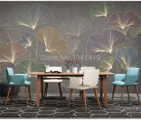 Image of Multicolor Gold Lined Gingko Leaves Wallpaper Mural, Custom Sizes Available Wall Murals Maughon's 