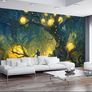 Mural de papel pintado Bosque iluminado místico y hombre, tamaños personalizados disponibles