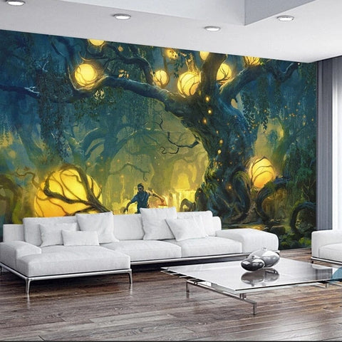Mystical Lit Forest and Man Wallpaper Mural, Custom Sizes Available Wall Murals Maughon's 