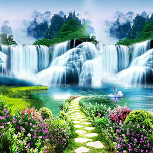 Nature Scene with Waterfalls and Pool Wallpaper Mural, Custom Sizes Available