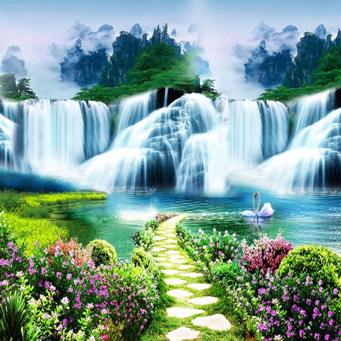 Image of Nature Scene with Waterfalls and Pool Wallpaper Mural, Custom Sizes Available Household-Wallpaper Maughon's 