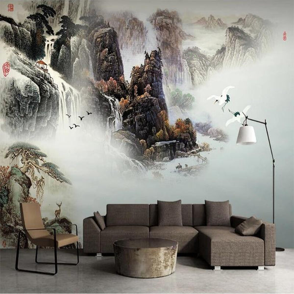 Chinese Misty Waterfalls Wallpaper Mural, Custom Sizes Available ...