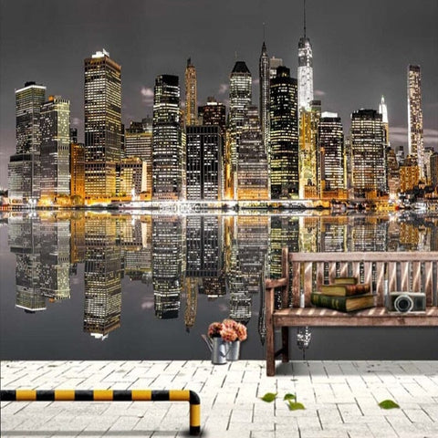 Image of New York at Night Wallpaper Mural, Custom Sizes Available Wall Murals Maughon's Waterproof Canvas 
