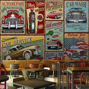 Nostalgic Auto Signs Wallpaper Mural, Custom Sizes Available