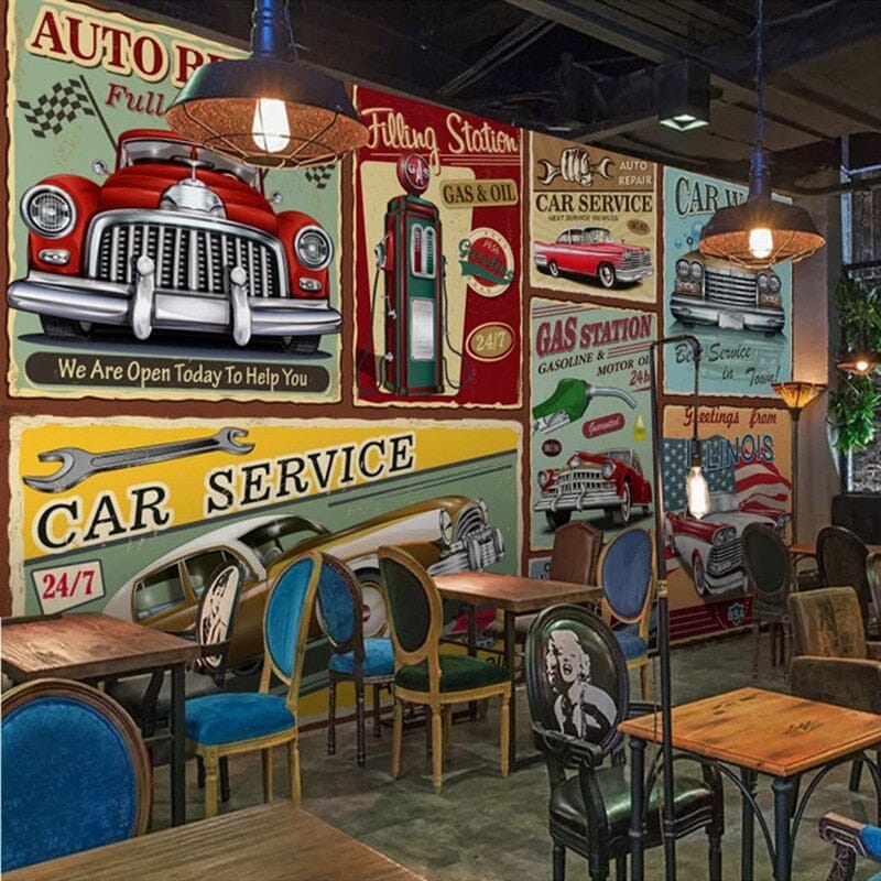 Nostalgic Auto Signs Wallpaper Mural, Custom Sizes Available Wall Murals Maughon's 