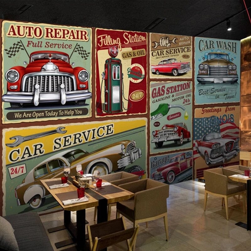 Nostalgic Auto Signs Wallpaper Mural, Custom Sizes Available Wall Murals Maughon's Waterproof Canvas 