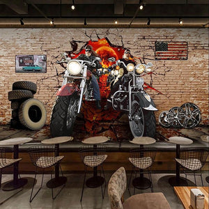 Nostalgic Motorcycle Breaking Through Wall Wallpaper Mural, Custom Sizes Available Household-Wallpaper Maughon's 
