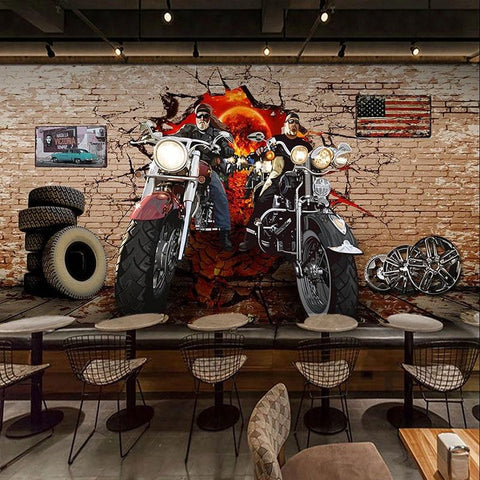 Image of Nostalgic Motorcycle Breaking Through Wall Wallpaper Mural, Custom Sizes Available Household-Wallpaper Maughon's 