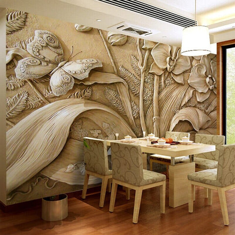 Image of Orchid and Butterfly Relief Wallpaper Mural, Custom Sizes Available Wall Murals Maughon's 