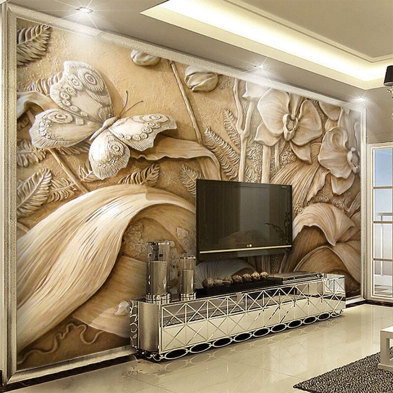 Orchid and Butterfly Relief Wallpaper Mural, Custom Sizes Available Wall Murals Maughon's 