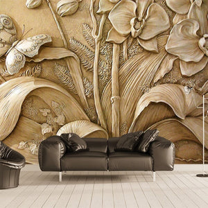 Orchid and Butterfly Relief Wallpaper Mural, Custom Sizes Available Wall Murals Maughon's Waterproof Canvas 