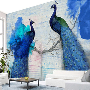Majestic Pair of Blue Peacocks Wallpaper Mural, Custom Sizes Available