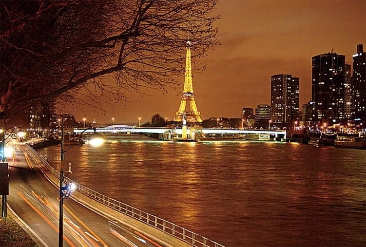 Paris at Night, Eiffel Tower Reflecting in the Seine Wallpaper Mural, Custom Sizes Available