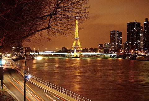 Image of Paris at Night, Eiffel Tower Reflecting in the Seine Wallpaper Mural, Custom Sizes Available