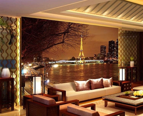 Image of Paris at Night, Eiffel Tower Reflecting in the Seine Wallpaper Mural, Custom Sizes Available