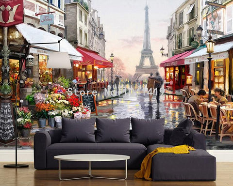 Image of Paris Street Scene with Eiffel Tower Wallpaper Mural, Custom Sizes Available Household-Wallpaper Maughon's 