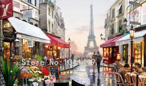 Mural con escena de una calle de París con la Torre Eiffel, tamaños personalizados disponibles