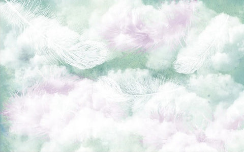 Image of Pastel Feathers and Clouds Wallpaper Mural, Custom Sizes Available Wall Murals Maughon's 