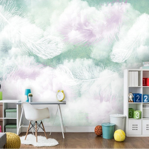 Image of Pastel Feathers and Clouds Wallpaper Mural, Custom Sizes Available Wall Murals Maughon's Waterproof Canvas 