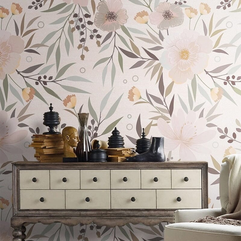 Pastel Flowers and Leaves Wallpaper Mural, Custom Sizes Available Wall Murals Maughon's 