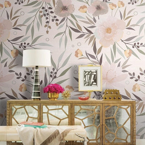 Pastel Flowers and Leaves Wallpaper Mural, Custom Sizes Available