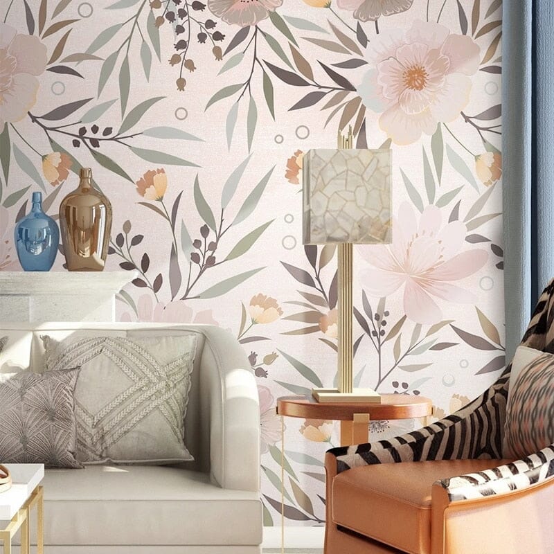 Pastel Flowers and Leaves Wallpaper Mural, Custom Sizes Available Wall Murals Maughon's Waterproof Canvas 