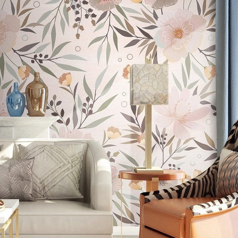 Image of Pastel Flowers and Leaves Wallpaper Mural, Custom Sizes Available Wall Murals Maughon's Waterproof Canvas 