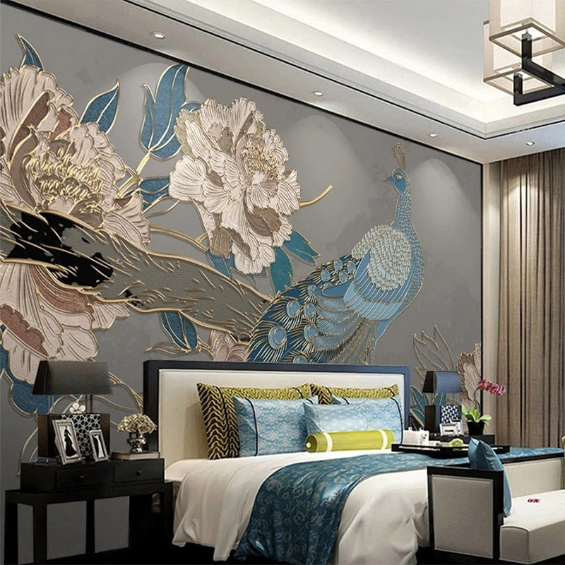 Peacock and Peonies Wallpaper Mural, Custom Sizes Available Wall Murals Maughon's 