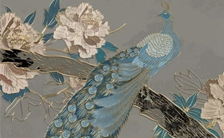 Peacock and Peonies Wallpaper Mural, Custom Sizes 
Available