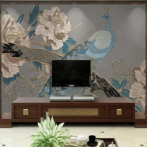Peacock and Peonies Wallpaper Mural, Custom Sizes Available Wall Murals Maughon's Waterproof Canvas 