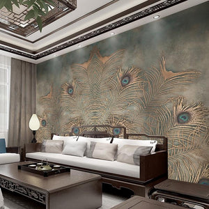 Mural Plumas de pavo real sobre fondo gris, tamaños personalizados disponibles
