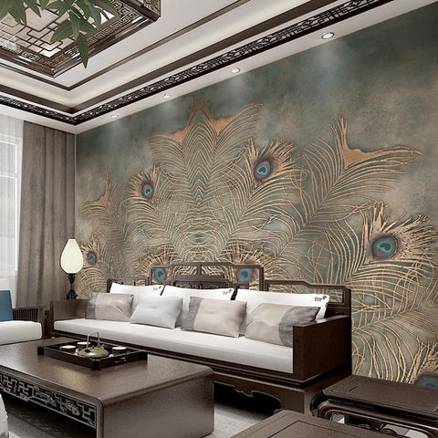 Image of Peacock Feathers On Gray Background Wallpaper Mural, Custom Sizes Available Wall Murals Maughon's 