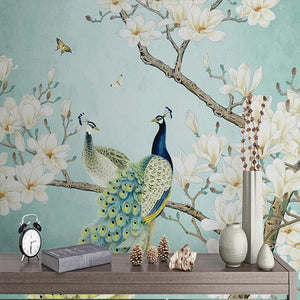 Peacock and Magnolia Flowers Wallpaper Mural, Custom Sizes Available