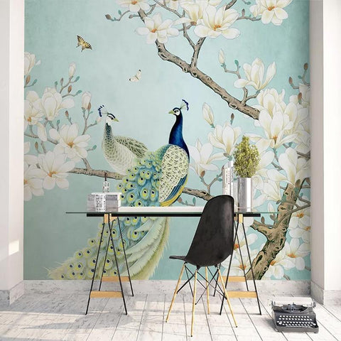 Image of Peacock, Magnolia Flowers, and Bird Wallpaper Mural, Custom Sizes Available Household-Wallpaper Maughon's 