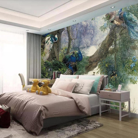 Image of Peacocks in Trees Wallpaper Mural, Custom Sizes Available Wall Murals Maughon's 