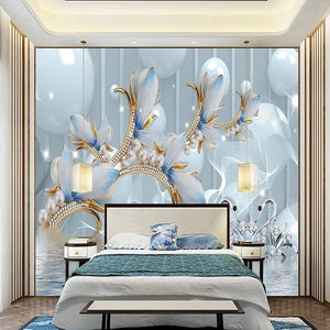 Pearl/Gold/Blue Background Wallpaper Mural, Custom Sizes Available